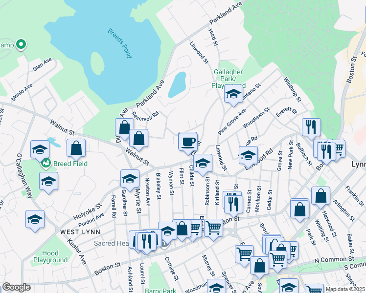 map of restaurants, bars, coffee shops, grocery stores, and more near 13 Curtis Street in Lynn
