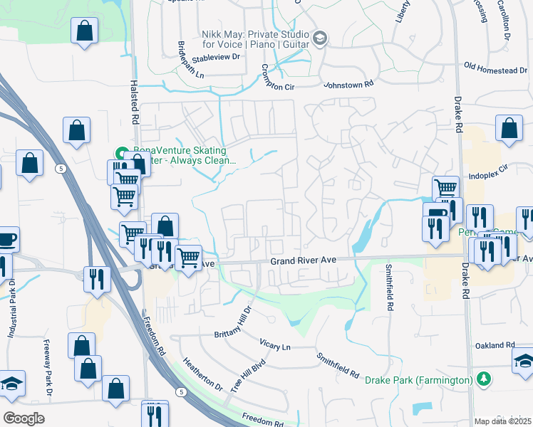 map of restaurants, bars, coffee shops, grocery stores, and more near 36550 Grand River Avenue in Farmington Hills