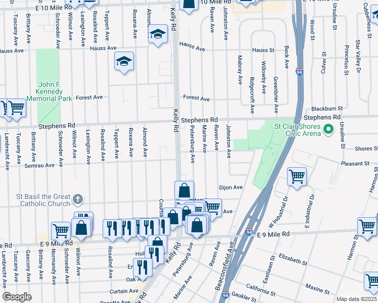 map of restaurants, bars, coffee shops, grocery stores, and more near 23203 Spindler Avenue in Eastpointe