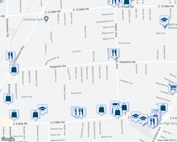 map of restaurants, bars, coffee shops, grocery stores, and more near 23810 Stewart Avenue in Warren