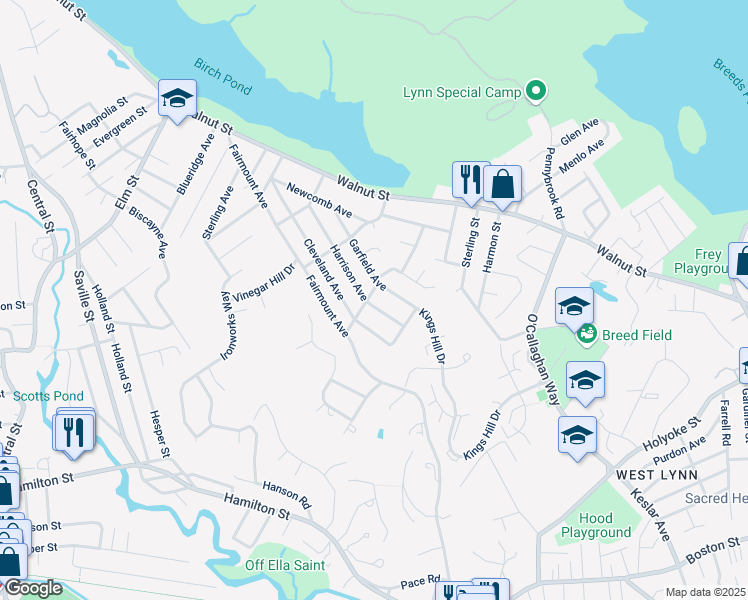 map of restaurants, bars, coffee shops, grocery stores, and more near 54 Harrison Avenue in Saugus