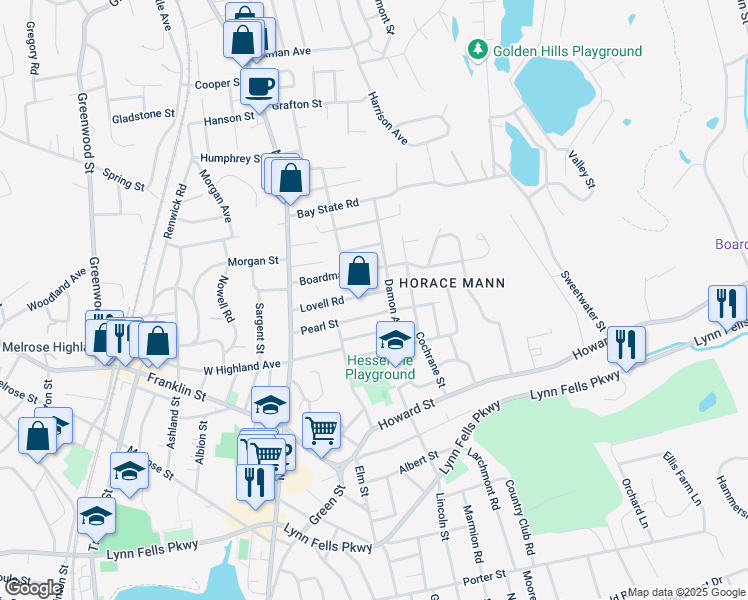 map of restaurants, bars, coffee shops, grocery stores, and more near 67 Lovell Road in Melrose