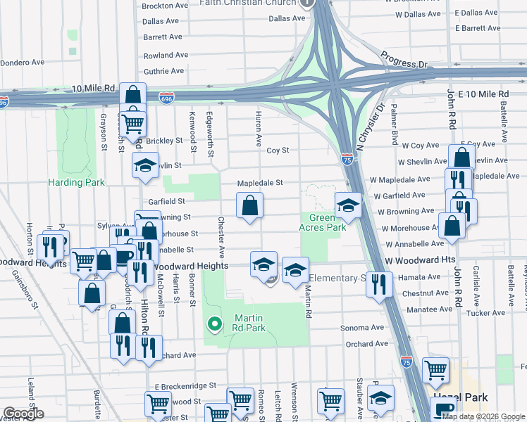 map of restaurants, bars, coffee shops, grocery stores, and more near 2081 Browning Street in Ferndale