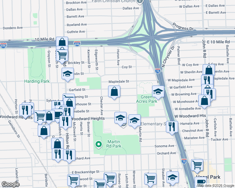 map of restaurants, bars, coffee shops, grocery stores, and more near 2081 Browning Street in Ferndale