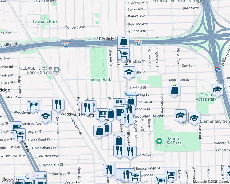 map of restaurants, bars, coffee shops, grocery stores, and more near 2942 Grayson Street in Ferndale