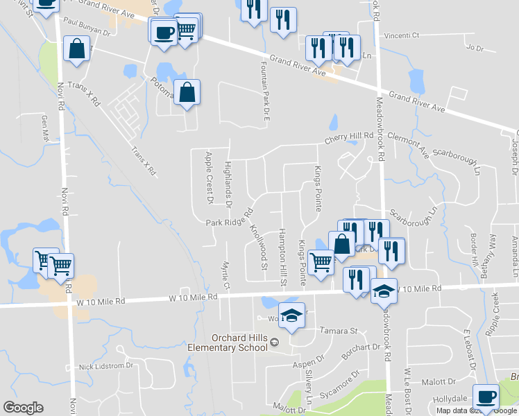 map of restaurants, bars, coffee shops, grocery stores, and more near 42217 Park Ridge Road in Novi