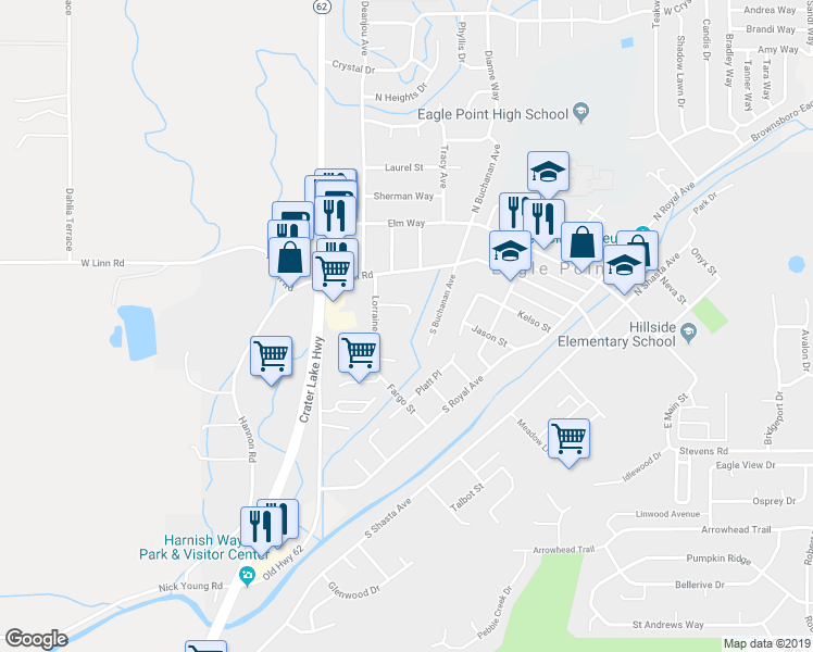 map of restaurants, bars, coffee shops, grocery stores, and more near 594 Van Wey Circle in Eagle Point
