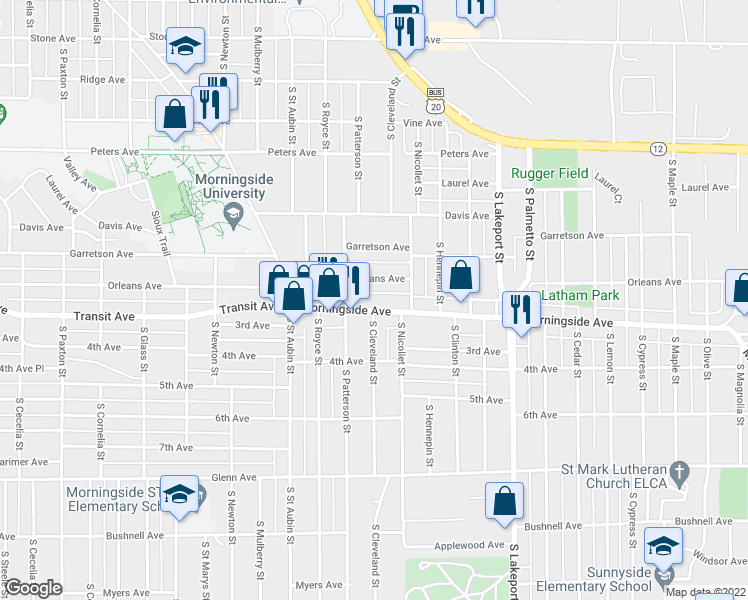 map of restaurants, bars, coffee shops, grocery stores, and more near 4225 Morningside Avenue in Sioux City
