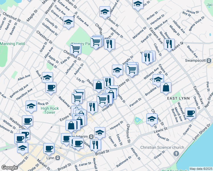 map of restaurants, bars, coffee shops, grocery stores, and more near 207 Chestnut Street in Lynn