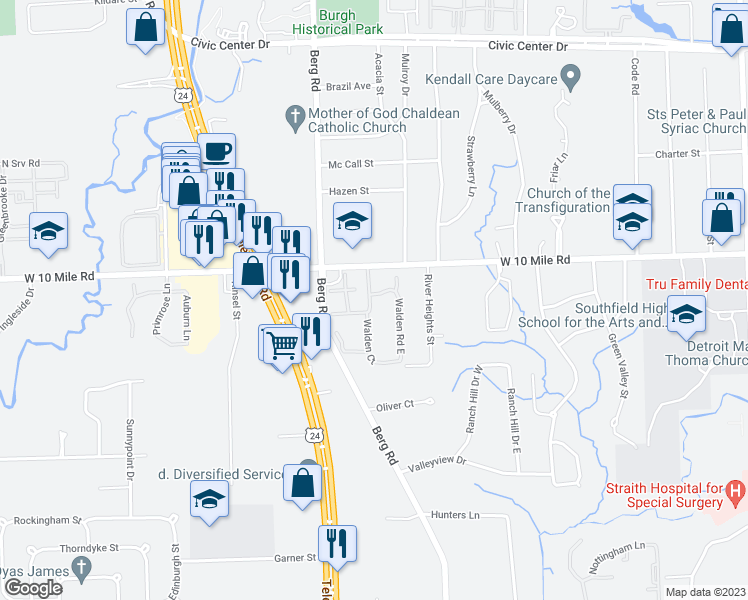 map of restaurants, bars, coffee shops, grocery stores, and more near 24665 Walden Road West in Southfield