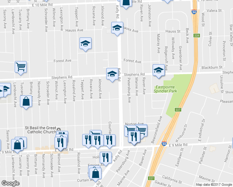 map of restaurants, bars, coffee shops, grocery stores, and more near 23721 Kelly Road in Eastpointe