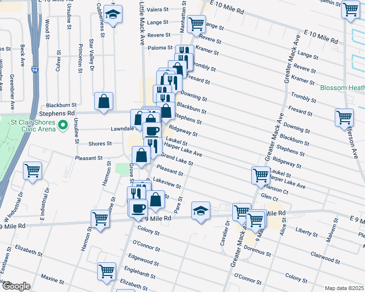 map of restaurants, bars, coffee shops, grocery stores, and more near 21611 Harper Lake Ave in St Clair Shores