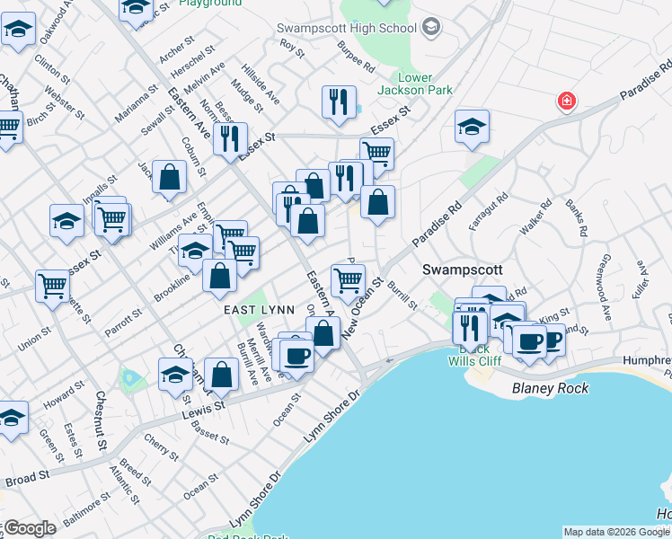 map of restaurants, bars, coffee shops, grocery stores, and more near 5 Huron Street in Swampscott