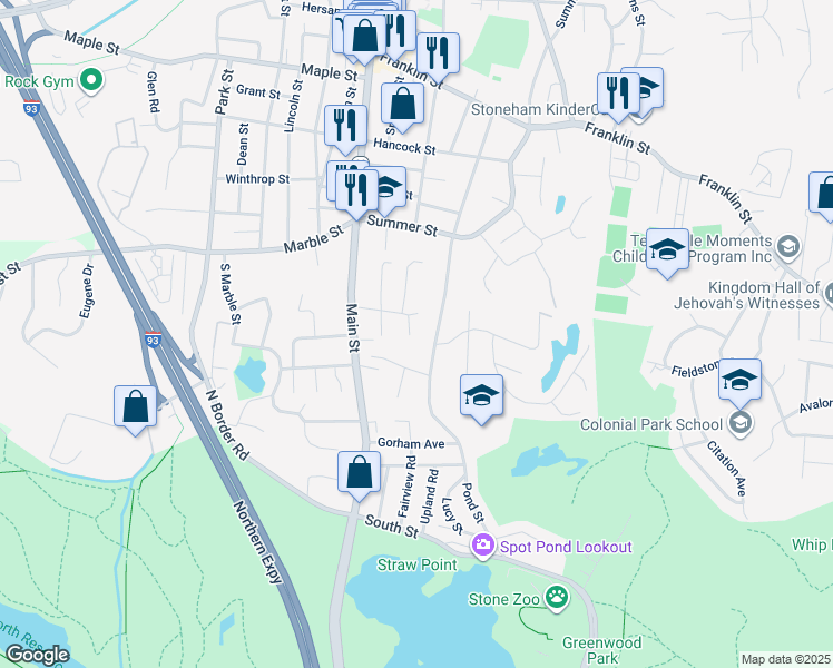 map of restaurants, bars, coffee shops, grocery stores, and more near 18 Fells Road in Stoneham