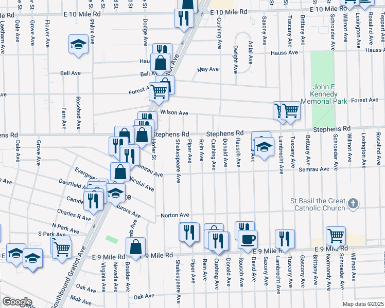 map of restaurants, bars, coffee shops, grocery stores, and more near 23786 Piper Avenue in Eastpointe