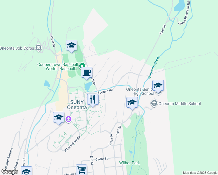 map of restaurants, bars, coffee shops, grocery stores, and more near 20 Bugbee Rd in Oneonta