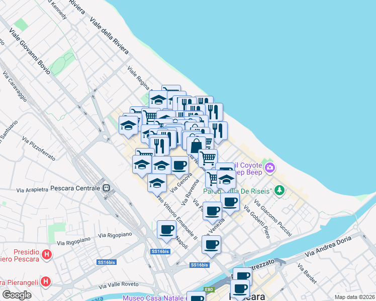 map of restaurants, bars, coffee shops, grocery stores, and more near 190 Via Nicola Fabrizi in Pescara