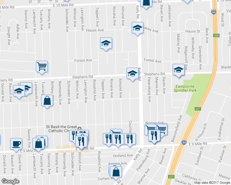map of restaurants, bars, coffee shops, grocery stores, and more near 23744 Roxana Avenue in Eastpointe