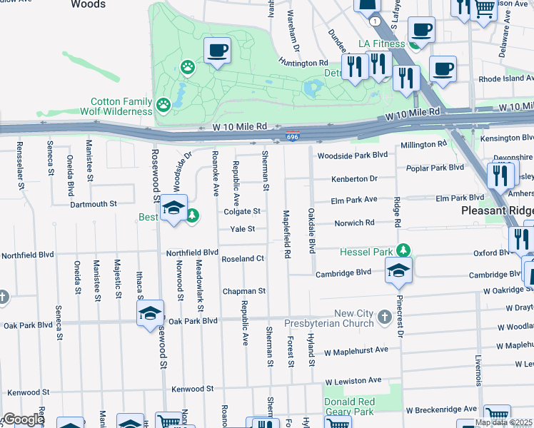 map of restaurants, bars, coffee shops, grocery stores, and more near 84 Maplefield Road in Pleasant Ridge