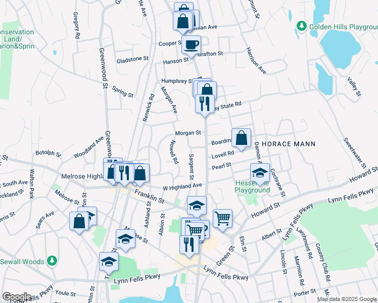map of restaurants, bars, coffee shops, grocery stores, and more near 100 Sargent Street in Melrose