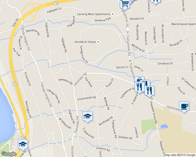 map of restaurants, bars, coffee shops, grocery stores, and more near 308 Comstock Road in Ithaca