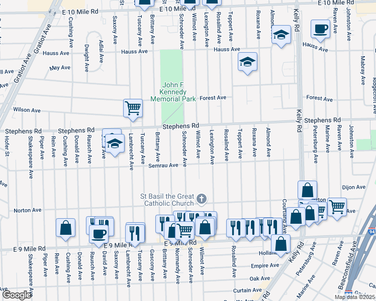map of restaurants, bars, coffee shops, grocery stores, and more near 23754 Schroeder Avenue in Eastpointe