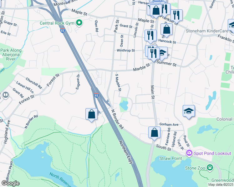 map of restaurants, bars, coffee shops, grocery stores, and more near 224 Park Street in Stoneham