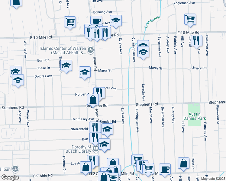 map of restaurants, bars, coffee shops, grocery stores, and more near 4260 Dolores Avenue in Warren
