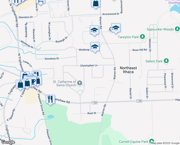 map of restaurants, bars, coffee shops, grocery stores, and more near 124 Christopher Circle in Ithaca