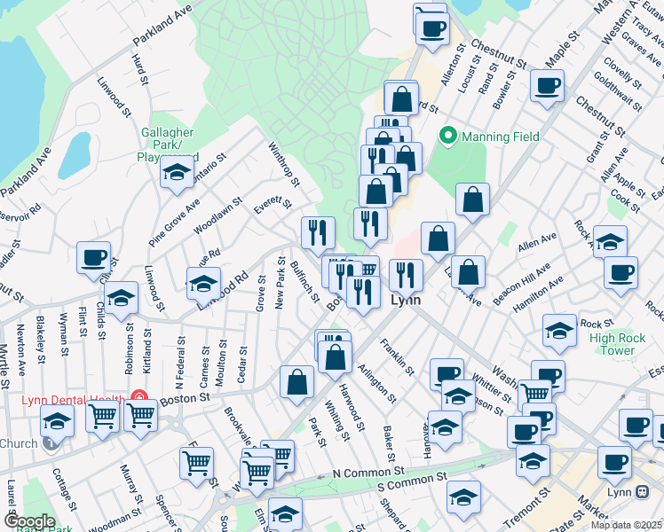map of restaurants, bars, coffee shops, grocery stores, and more near 27 North Franklin Street in Lynn