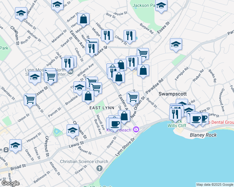 map of restaurants, bars, coffee shops, grocery stores, and more near 111 Eastern Avenue in Lynn