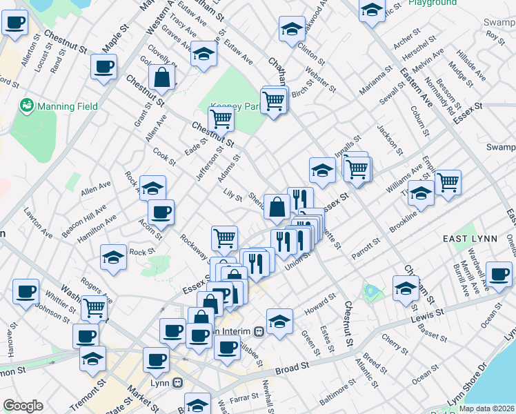 map of restaurants, bars, coffee shops, grocery stores, and more near 37 Mount Pleasant Street in Lynn