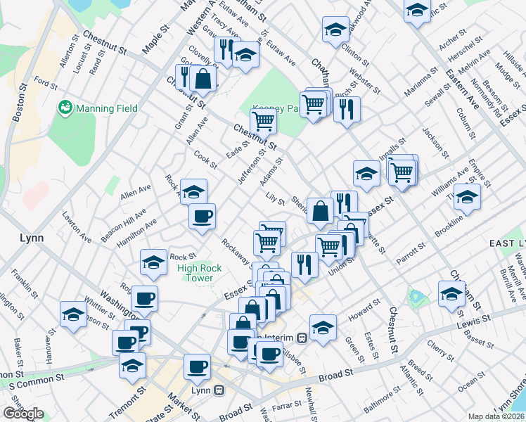 map of restaurants, bars, coffee shops, grocery stores, and more near 27 Ridgeway Street in Lynn