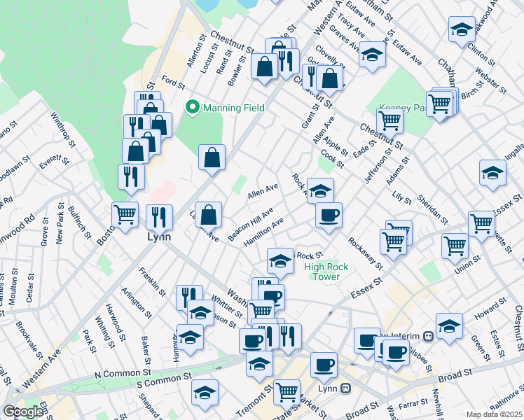 map of restaurants, bars, coffee shops, grocery stores, and more near 119-119A Beacon Hill Avenue in Lynn