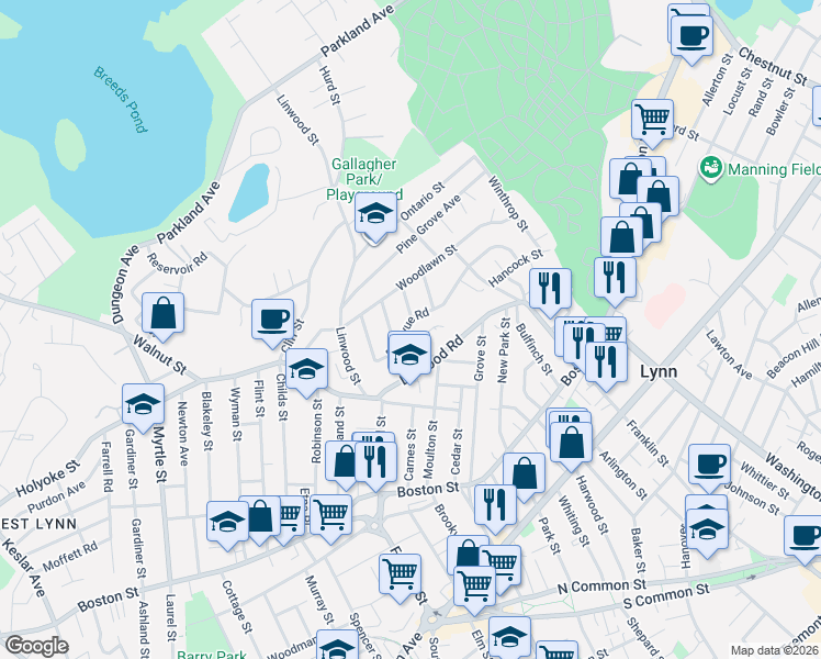 map of restaurants, bars, coffee shops, grocery stores, and more near 91-91A Bellevue Road in Lynn