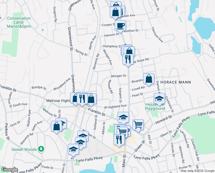 map of restaurants, bars, coffee shops, grocery stores, and more near 57 Nowell Road in Melrose
