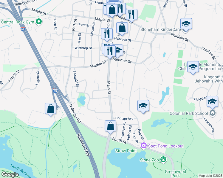 map of restaurants, bars, coffee shops, grocery stores, and more near 57 Middlesex Road in Stoneham
