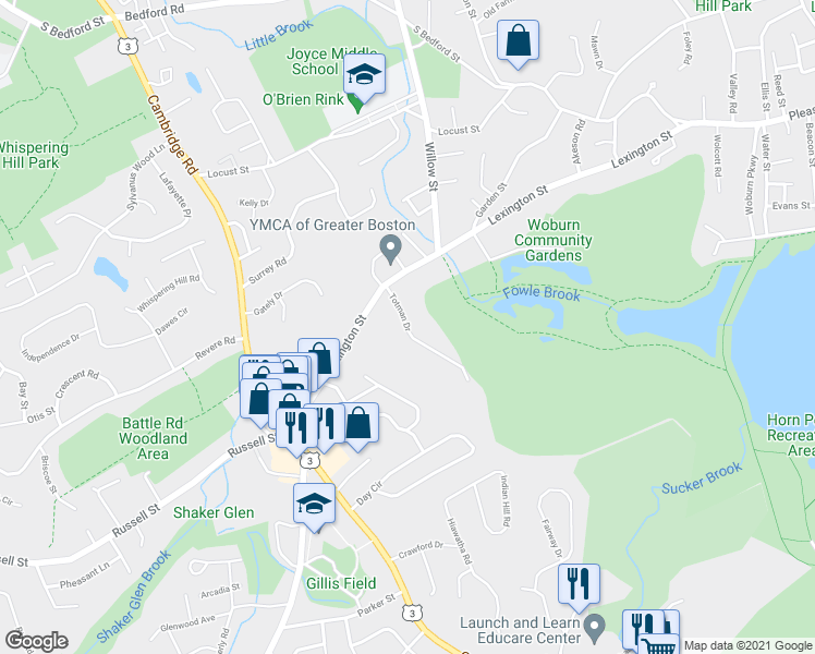 map of restaurants, bars, coffee shops, grocery stores, and more near 12 Totman Drive in Woburn