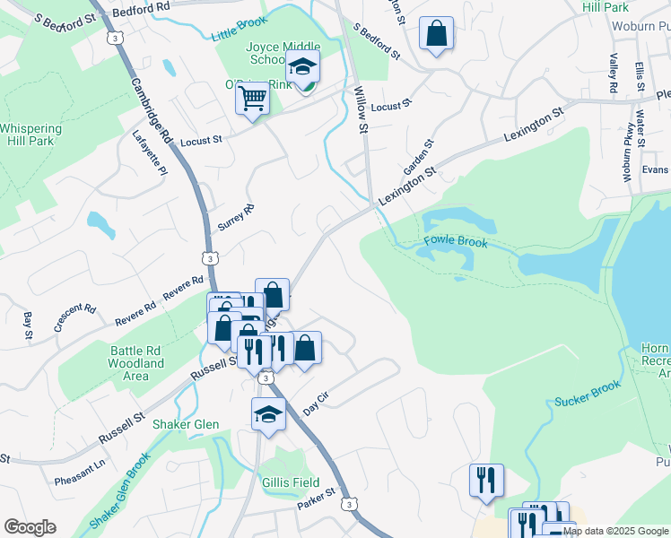 map of restaurants, bars, coffee shops, grocery stores, and more near 140 Lexington Street in Woburn