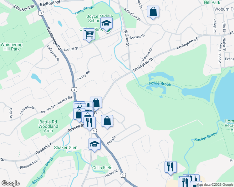 map of restaurants, bars, coffee shops, grocery stores, and more near 140 Lexington Street in Woburn