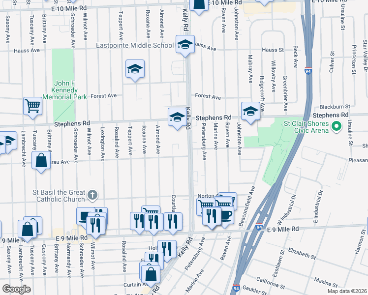 map of restaurants, bars, coffee shops, grocery stores, and more near 23721 Kelly Road in Eastpointe