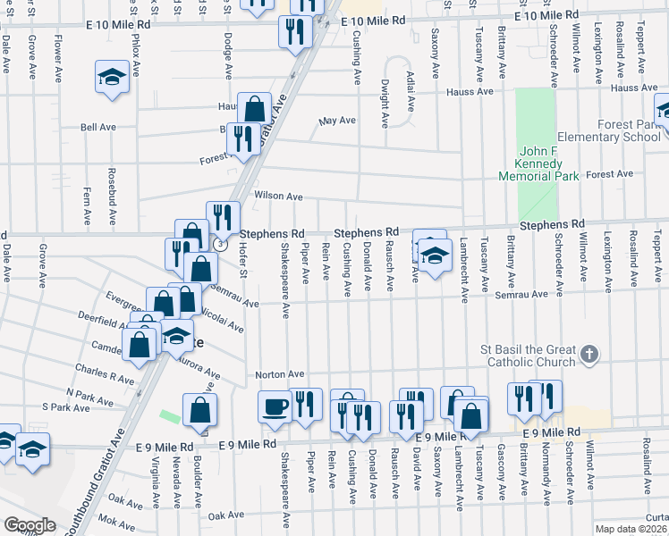 map of restaurants, bars, coffee shops, grocery stores, and more near 23785 Cushing Avenue in Eastpointe