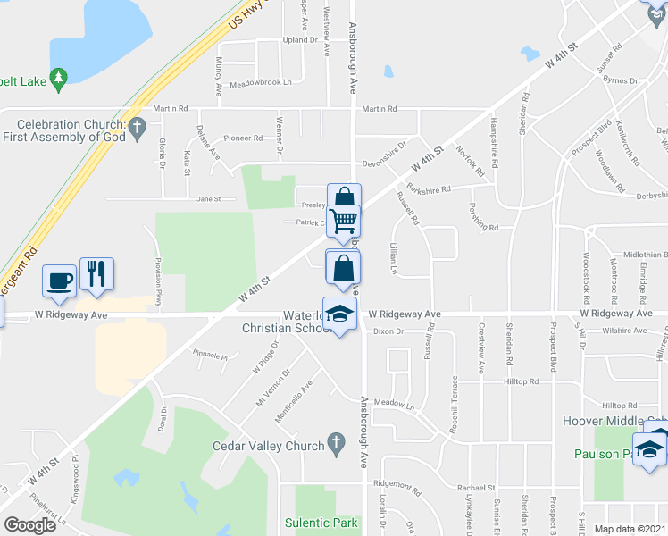map of restaurants, bars, coffee shops, grocery stores, and more near 1106 Kent Circle in Waterloo