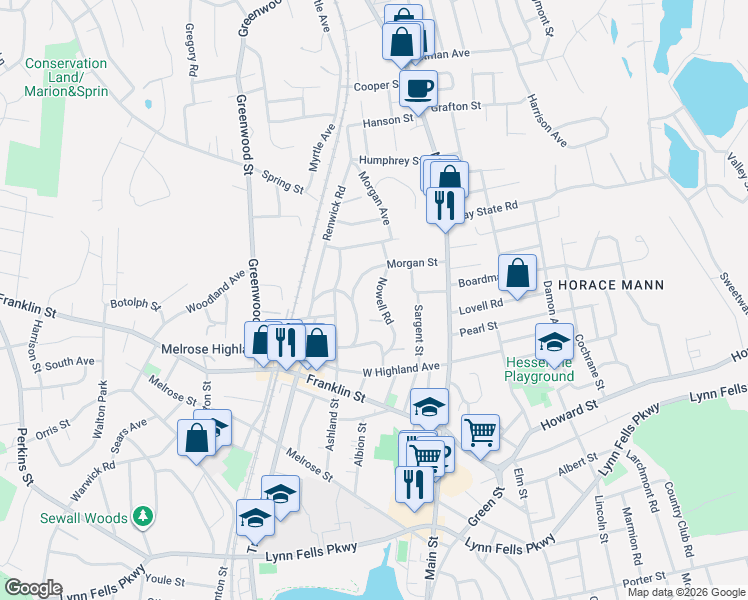 map of restaurants, bars, coffee shops, grocery stores, and more near 57 Nowell Road in Melrose