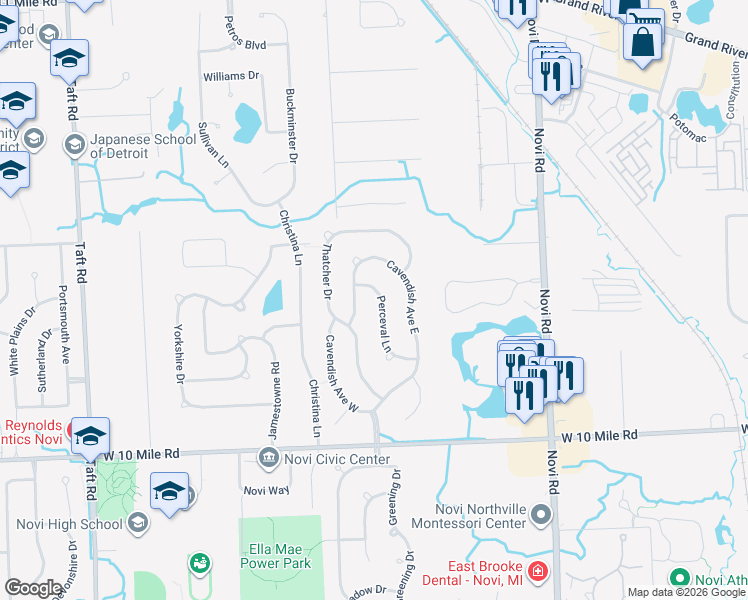 map of restaurants, bars, coffee shops, grocery stores, and more near 24559 Perceval Lane in Novi