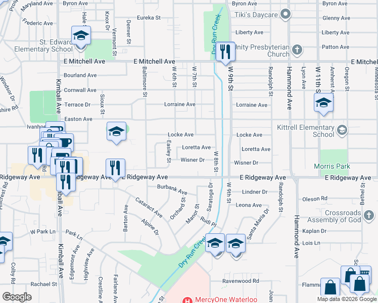 map of restaurants, bars, coffee shops, grocery stores, and more near 824 Loretta Avenue in Waterloo