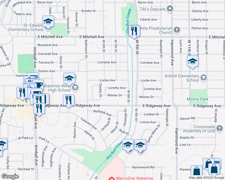map of restaurants, bars, coffee shops, grocery stores, and more near 824 Loretta Ave in Waterloo