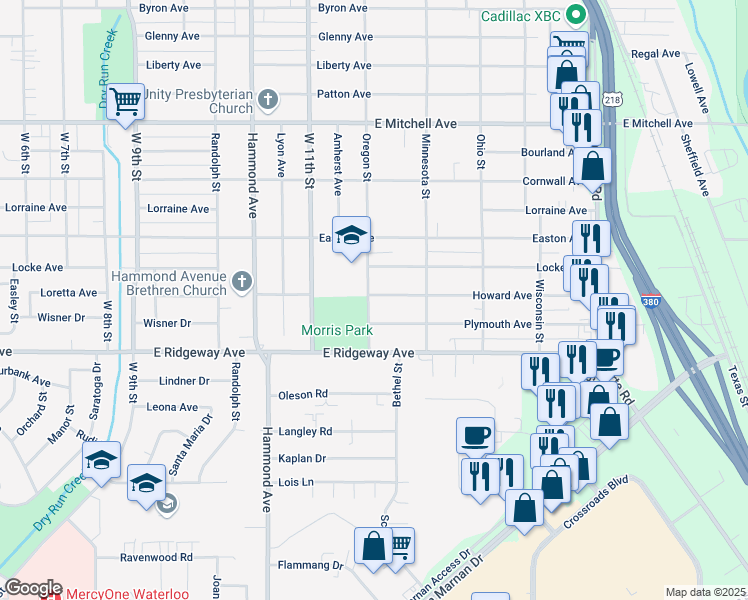 map of restaurants, bars, coffee shops, grocery stores, and more near 1405 Oregon Street in Waterloo
