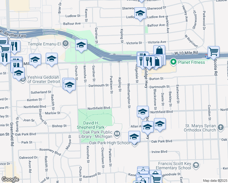 map of restaurants, bars, coffee shops, grocery stores, and more near 24320 Parklawn Street in Oak Park