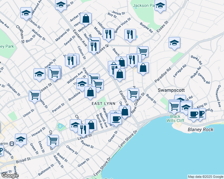 map of restaurants, bars, coffee shops, grocery stores, and more near 67 Superior Street in Lynn